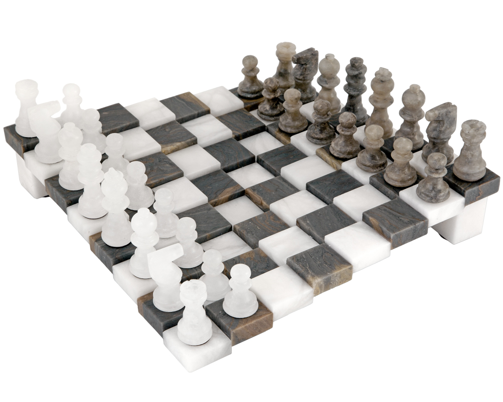 3 Dimensional Grey and White Alabaster Chess Set 9.5 Inches