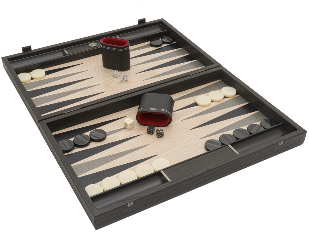 The Manopoulos Grey Oak and Platinum Luxury Backgammon Set with Philos Deluxe Cups