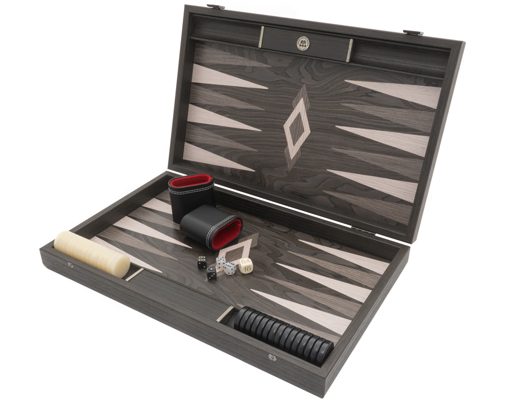 The Manopoulos Ebony and Grey Oak Luxury Backgammon Set with Vinyl Deluxe Cups