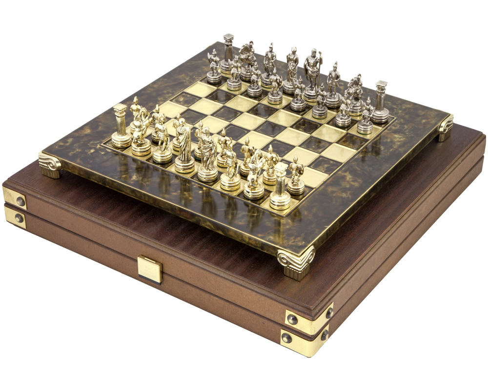 Manopoulos Greek Roman Army Metal Chess Set with Wooden Case - SMALL