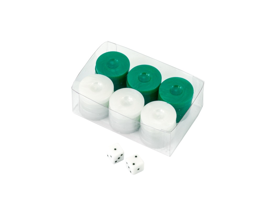 Value Backgammon Stones in Green & White with Dice 26mm