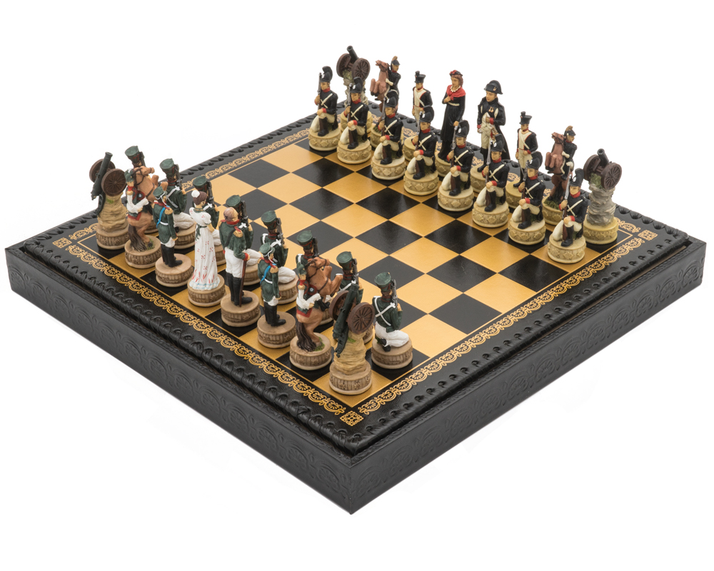 The Napoleon vs Russians Italian Nero Chess Set with Backgammon Board, Dice and Draughts